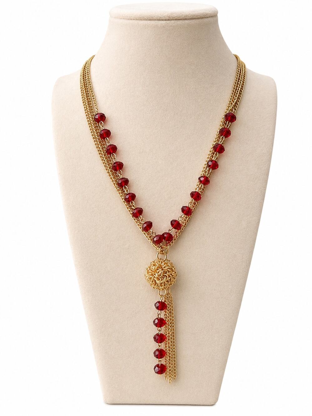 Gold Tone Red Faceted Bead Multi Strand Lariat Tassel Statement Necklace